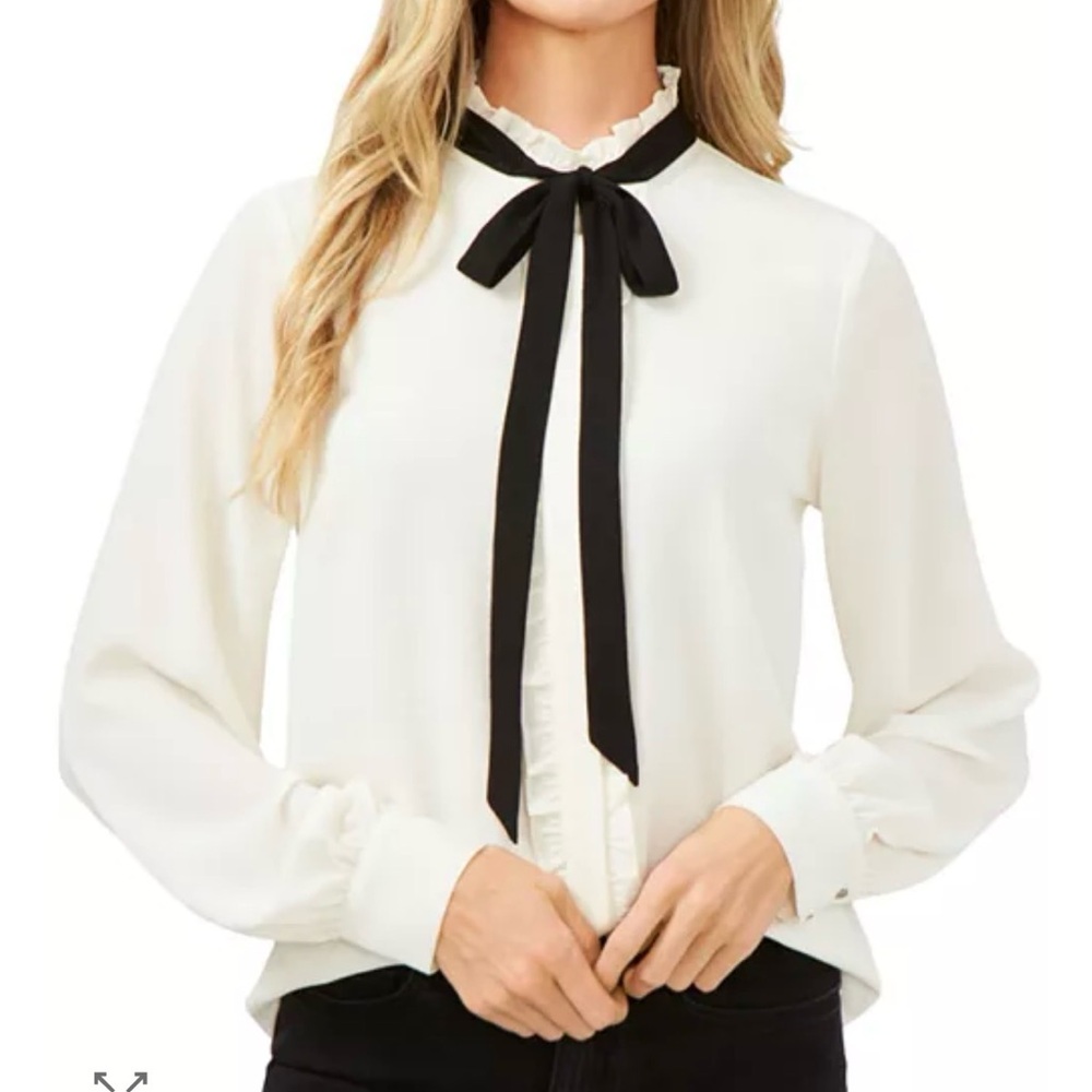 NWT CeCe Ruffled Tie Neck Blouse NEW Women's‎ Size XS Career Minimalist Chic $89